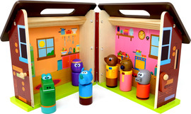 Pit Toys מיני בית בובות נפתח מעץ + 6 דמויות חיות