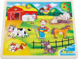Pit Toys פאזל עץ לפעוטות עם כפתורים 8 חלקים - בחווה
