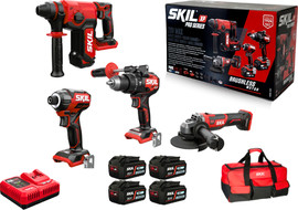 SKIL סט למקצוענים פטישון + מברגת אימפקט + משחזת + מקדחה נטענת רוטטת + ארבע סוללות 4.0Ah + מטען מהיר +תיק נשיאה גדול