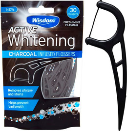 Wisdom חוט דנטלי עם ידית לשיניים צפופות 30יח Wisdom Whitening Charcoal Floss
