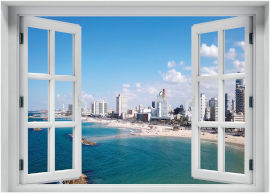 King Decor מדבקת קיר חלון עם אפקט תלת מימד של נוף תל אביב יפו