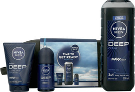 NIVEA מארז טיפוח לגבר DEEP - תיק רחצה המכיל: דאו רול און  + ג'ל רחצה + סבון לפנים וזקן לגבר