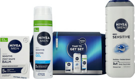 NIVEA מארז טיפוח לגבר SENSETIVE - תיק רחצה המכיל: אפטר שייב באלם + ג'ל גילוח +  ג'ל רחצה לגבר 3 ב-1