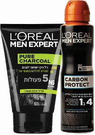 L'OREAL MEN EXPERT מארז לגבר: PURE CHARCOAL ג'ל ניקוי לפנים + CARBON PROTECT דאודורנט לגבר