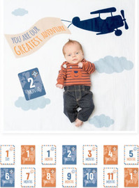 Lulujo שמיכה 100% כותנה טטרה + 7 כרטיסיות גיל דו-צדדיות לצילום התינוק ולהנצחת Milestones - מטוס