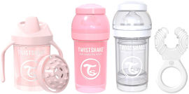 TWISTSHAKE מארז לידה 0-6 חודשים בנות - 2 בקבוקים 180 מ"ל, נשכן קולר, כוס אימון 230 מ"ל