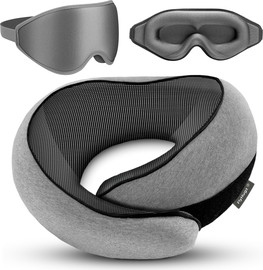 FlyHugz מסכת שינה כיסוי עיניים איכותי  + כרית צוואר ארגונומית וקומפקטית לנסיעות | צבע אפור | כולל תיק נשיאה אישי