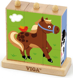 VIGA פאזל עץ קוביות 4 תמונות חיות החווה