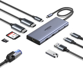 UGREEN מולטיפורט UGREEN USB-C 10 ב-1 – כולל HDMI כפול, יציאות USB-A ו-USB-C, רשת, קורא כרטיסים וטעינה מהירה UGREEN CM639 45380