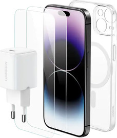 UGREEN מארז IPHONE 15 PRO הכולל: מטען קיר 30W + כיסוי MagSafe + זוג מגני מסך זכוכית LP796-25930