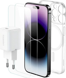 UGREEN מארז IPHONE 15 PRO MAX הכולל: מטען קיר 30W + כיסוי MagSafe + זוג מגני מסך זכוכית LP797-25931