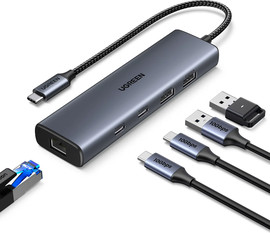 UGREEN מפצל UGREEN עם חיבור רשת קווי Ethernet, מתאם כולל 3 יציאות USB + חיבור RJ45 מהיר + קורא כרטיסים UGREEN CM512 45320