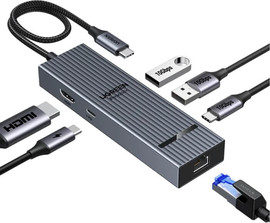 UGREEN תחנת עגינה UGREEN Revodok קומפקטית 6 ב-1 עם חיבור USB-C עם HDMI 4K 60Hz, רשת מהירה, חיבורי USB וטעינה PD