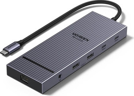 UGREEN תחנת עגינה UGREEN  בחיבור USB TYPE C -12 in 1 - כולל 3 יציאות למסך 4K 60HZ, חיבור רשת GIGABIT ETHERNET, חיבורי  3.2 USB, קורא כרטיסים, וטעינה PD