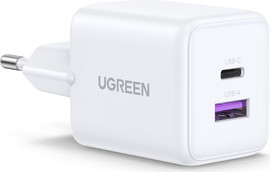 UGREEN מטען קיר UGREEN 30W עם 2 יציאות – טעינה מהירה בטכנולוגיית GaN לבן