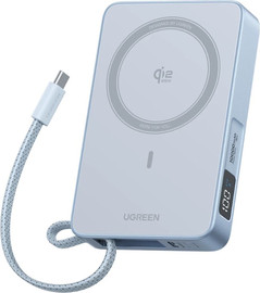 UGREEN סוללת גיבוי מגנטית Ugreen 10,000mAh MagFlow טעינה Qi2 25W וכבל 30W מובנה אפור בהיר