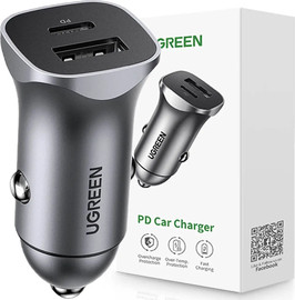 UGREEN מטען רכב טעינה מהירה 2 יציאות UGREEN 30W USB-C PD+USB-A QC אפור