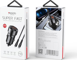 YESIDO מטען רכב מהיר כפול 60W (כולל כבל Type-C ל-Lightning)