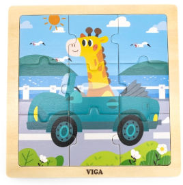 VIGA פאזל 9 חלקים מעץ עם מסגרת - ג'ירף במכונית