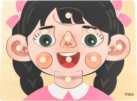 VIGA פאזל כפתורי עץ הכרת הפנים עם כיתוב בעברית 9 חלקים - בת