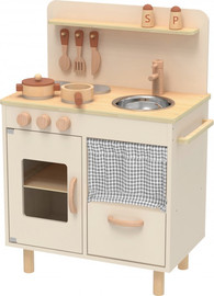 Tooky Toy מטבח עץ לילדים עם כיור, כיריים ו 8 אביזרי משחק - צבע קרם