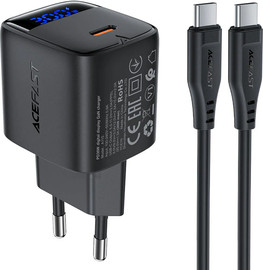 AceFast סט טעינה הכולל ראש מטען מהיר USB-C וכבל USB-C ל-USB-C, טעינת PD30W מהירה, שחור