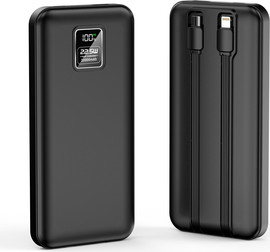 SAKAL מטען חירום איכותי 10000mAh עם טעינה מהירה 22.5W – כבלים מובנים Type-C ו-Lightning, תצוגת LED, מתאים לאייפון, גלקסי ואנדרואיד