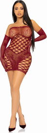 Leg Avenue שמלה רשת סקסית עם וכפפות 86136 ,יין