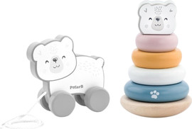 Polar B סט מגדל טבעות 6 חלקים + צעצוע משיכה מעודד הליכה מתגלגל מעץ מלא - דובי
