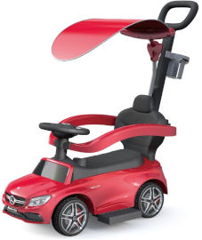 I AM Toys בימבה מרצדס קופה עם מוט דחיפה להורה 3 ב 1 עם קולות בעברית, צלילים וגגון - אדום