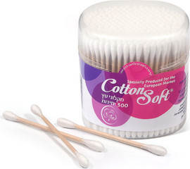 Cotton Soft צימרוני אוזניים עץ בקופסת פלסטיק 300 יחידות