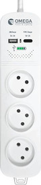 OMEGA רב שקע 3 שקעים כולל כניסות USB A/C וכבל 30 ס"מ Omega אומגה OM-QG-03-2U-C-L