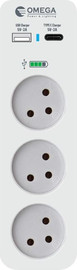 OMEGA רב שקע 3 שקעים כולל כניסת USB Type-A ו-Omega USB Type-C אומגה QGT3VR-2U-C-L