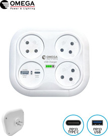 OMEGA מפצל חשמל T4 מרובע+מטען Omega USB A/C