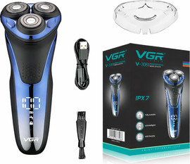 VGR מכונת גילוח מקצועית נשטפת במים עם 3 ראשים סיבוביים, טרימר וצג דיגיטלי