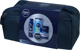 NIVEA תיק טיפוח לגבר המכיל: אפטר שייב לאחר גילוח + ג'ל רחצה לגבר + קרם רב שימושי לגבר + דאודרנט ספריי לגבר
