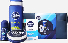 NIVEA תיק טיפוח לגבר המכיל: ג'ל רחצה אנרג'י + אפטר שייב לחות לאחר גילוח + קרם לחות רב שימושי + דאודורנט רול און דריי פרש
