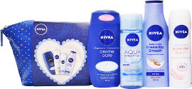 NIVEA תיק טיפוח לאשה המכיל: קרם רחצה מטפח קייר + תחליב גוף סופט מילק + דאודורנט ספריי פאודר טאץ' + ג'ל ניקוי ממריץ לפנים
