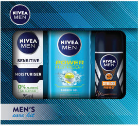 NIVEA מארז לגבר המכיל: ג'ל רחצה פאוור ריפרש + קרם לחות לעור רגיש + דאודורנט רול און סטרס פרוטקט