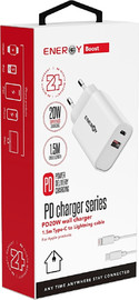 ENERGY מטען Energy PD 20W כולל כבל USB-C ל־Lightning באורך 1.5 מטר בצבע לבן