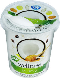 LIFE WELLNESS מוזלי עם גרעיני חמניה, צימוקים, קוקוס, דבש וסיבים תזונתיים TO GO
