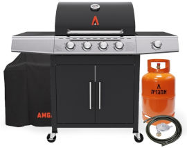 Amgazit גריל גז 4 מבערים + כירת צד + מיכל גז 5 קג + ערכת ווסת וצינור + כיסוי מתנה Amgazit אמגזית כרמל 70016