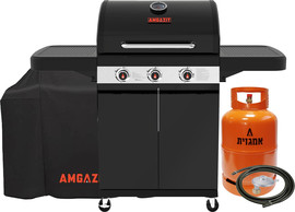 Amgazit גריל גז 3 מבערים Red heat + מיכל גז 5 ק"ג אמגזית ווסת צינור וכסוי