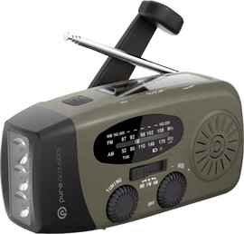 Pure Acoustics רדיו FM/AM נייד עם פנס, טעינה סולארית וידנית, סוללה נטענת ו-SOS דגם RD-27