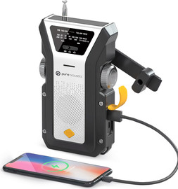 Pure Acoustics רדיו FM/AM נייד עם פנס, טעינה סולארית וידנית, סוללה נטענת ו-SOS,לבן דגם RD-37 WHITE