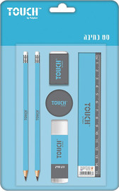 TOUCH מארז תלמיד עם 6 אביזרים עפרונות, מחק, סרגל ועוד - כחול