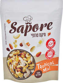 סאפורה מיקס טרופי - תערובת אגוזים ופירות טרופיים מסוכרים בצוגספת שבבי קוקוס וצימוקים