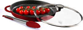 Food Appeal פלטת גריל עגולה עם מכסה זכוכית 30 ס"מ + מלקחיים BLACK MARBLE אדום מבית Food appeal