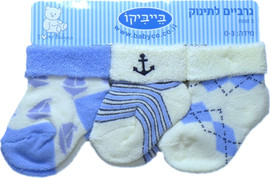 Babyco שלישיית גרביים מחממות לתינוק במידה 0-3 מבד מגבת - תכלת/לבן עוגנים