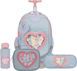 MARSHMELO סט 9 ב 1 תיק בית ספר כולל עגלת טרולי דגם לב שקוף Dramland Deluxe מבית Marshmelo צבע תכלת